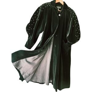 Vintage Black Velvet Maxi Coat • Studded Sleeve • Old Hollywood Glam •XS